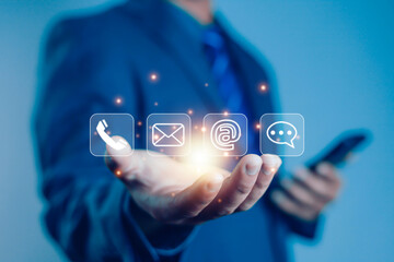 Businessman icons (address, phone, email, mobile, call) contact customer support, email website help, business contact service digital technology, contact us, 24 hours online customer service center c