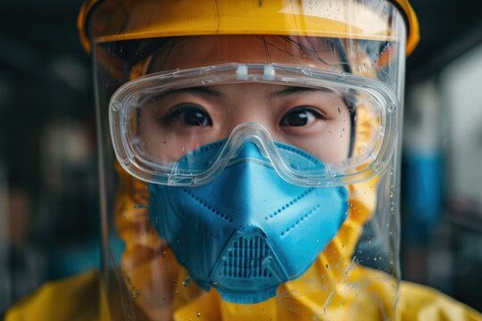 Close up of healthcare worker wearing full protective gear, including mask, goggles and face shield, emphasizing safety and preparedness during pandemic
