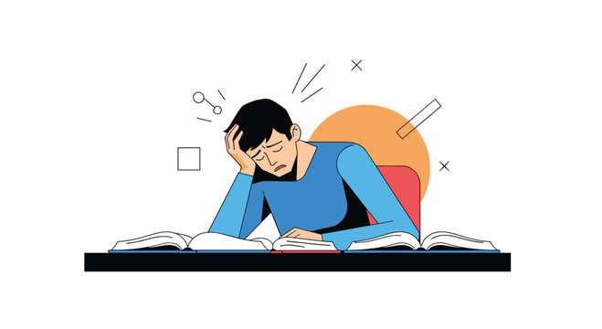 Overwhelmed student feeling exhausted while studying late night for exams facing academic pressure and mental fatigue