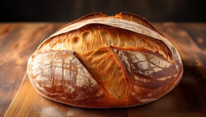 freshly baked artisanal bread on a wooden surface with soft texture and golden crust