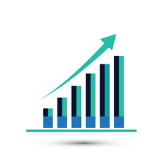 A colorful bar graph with an upward trending arrow indicating growth and success isolated on white background