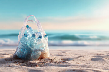 Bag full of plastic bottles collected during beach cleanup