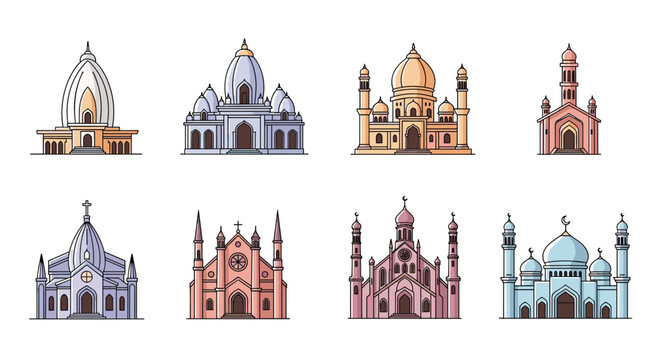 Diverse religious architectural styles showcasing global sacred building traditions and faith symbolism
