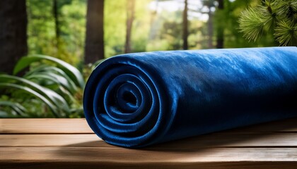 luxurious deep blue velvet fabric rolled into a spiral shape on a wooden surface surrounded by nature in a serene outdoor setting