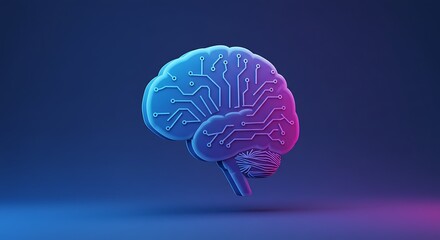 Artificial Brain Sculpture Glowing Blue and Pink on Dark Background