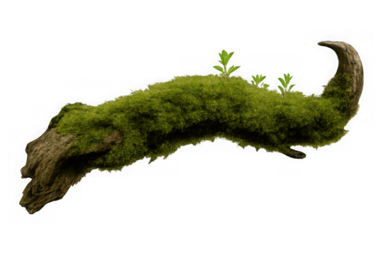 A curved piece of weathered wood covered in lush green moss with small new green sprouts growing on top isolated on transparent background