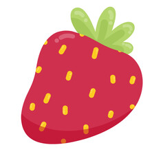 Stylized Red Strawberry with Green Stem and Yellow Seeds, Isolated on White.