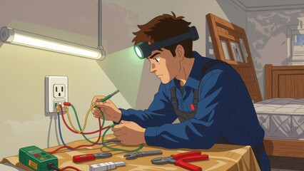 Man fixing electrical socket safely, focused on task with headlamp, screwdriver in hand. Concept of man fixing electrical socket, highlighting importance of safety in electrical work.