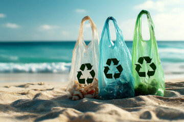 Ecological concept with bags full of beach trash, focusing on pollution and recycling