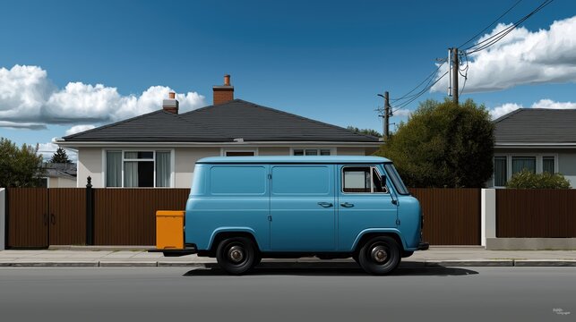 Delivery van parked in quiet suburban neighborhood unloading parcels, minimal vector illustration, peaceful environment, modern courier service concept