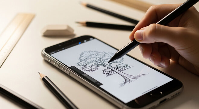 Photo of an artists hand uses a stylus on a smartphone to draw a detailed tree with a house, surrounded by pencils and a ruler on a desk - Powered by Adobe