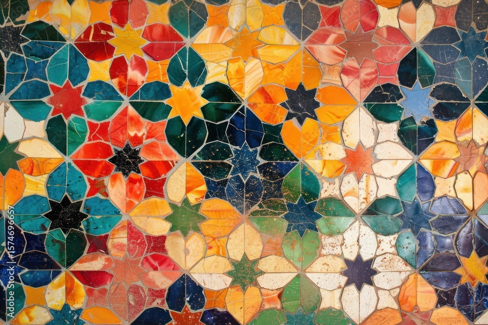 Poster colorful geometric mosaic tiles forming an elaborate pattern, creating a stunning visual effect