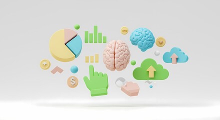 Pastel 3D Data Visualization with Brain and Clouds on White Background