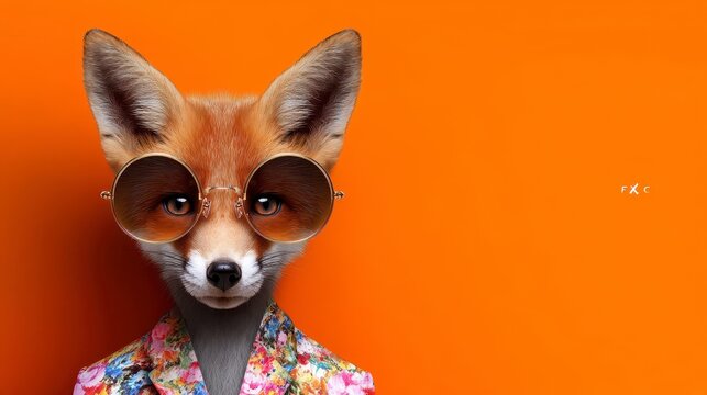 A red fox wearing sunglasses and a floral jacket on an orange background. A cunning canine sporting shades and a vibrant floral garment against a warm autumnal backdrop.