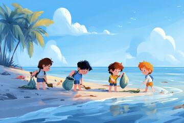 Digital design in vector style of children collecting trash on the beach, an educational environmental cleanup activity.
