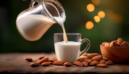 pouring almond milk from a glass jug into a cup slowmotion effect creamy and smooth texture softfocus background hyperrealistic food photography