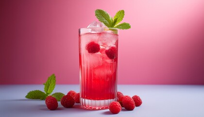 refreshing raspberry drink with ice and mint in a tall glass against a pink background
