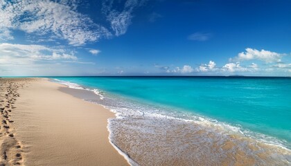 sandy beach next to a clear blue ocean under a partly cloudy sky