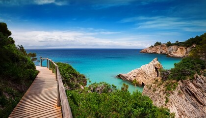scenic wooden boardwalk leading to turquoise sea lush greenery and rugged cliffs at coastal destination