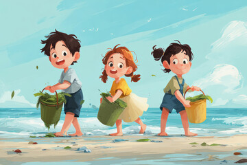 Digital design in vector style of children collecting trash on the beach, an educational environmental cleanup activity.