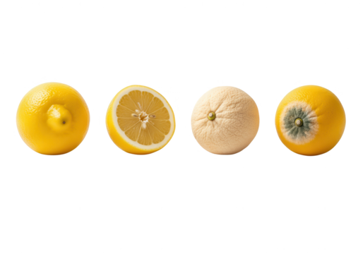 Fresh and Rotten Lemons in a Row: Food Waste Concept on White