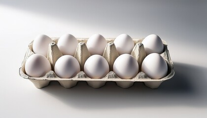 six white eggs in a minimalist carton resting on a clean white surface with soft shadows generative ai