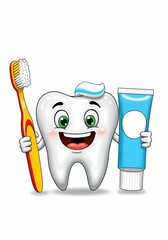 Happy Cartoon Tooth Holding Toothbrush and Blue Toothpaste Tube