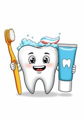Cartoon Tooth Holding Toothbrush and Toothpaste Smiling on White