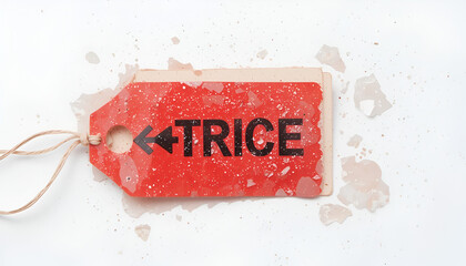 A weathered red tag with the word TRICE and an arrow, surrounded by ice pieces on a white backdrop offers a cold concept.
