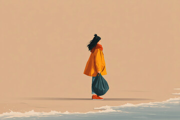 Minimalist digital art of a human figure cleaning the beach, a visual concept of environmental responsibility in flat vector design.