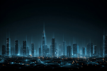 A futuristic cityscape at night, glowing with blue neon lights and digital data overlays. 