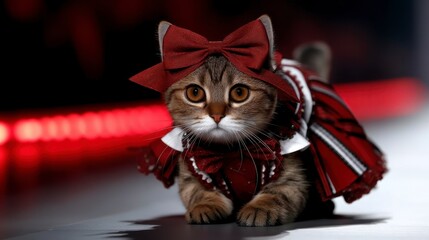 Cute cat wearing dress walk in fashion runway or catwalk on stage. A feline fashionista gracefully strides a stage a charming garment adorning its petite frame a delightful spectacle
