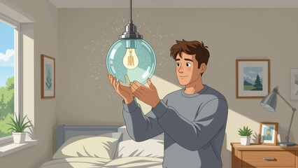 Young man fixing light fixture, holding bulb, playful expression, warm lighting. Concept of man fixing light fixture with maintenance focus in cozy bedroom setting.