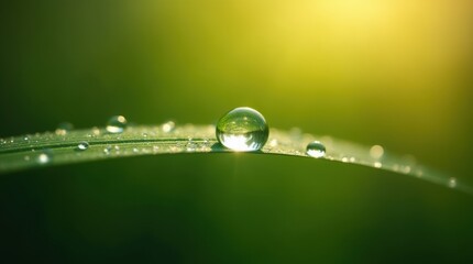 Single dewdrop on green leaf illuminated by gentle morning light, natural freshness and purity.

