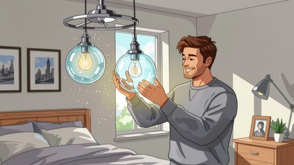 Man fixing light fixture, holding two lightbulbs, one glowing, in modern bedroom with cozy atmosphere. Concept of man fixing light fixture with maintenance focus.