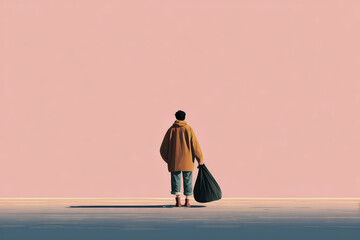 Minimalist digital art of a human figure cleaning the beach, a visual concept of environmental responsibility in flat vector design.