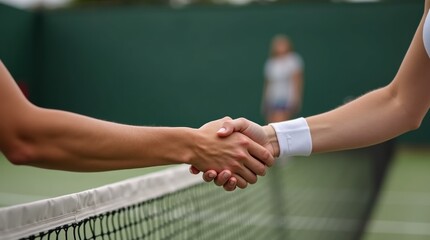 Female tennis player shakes hands with opponent at net, post-match respect and sports spirit, tennis court background.

