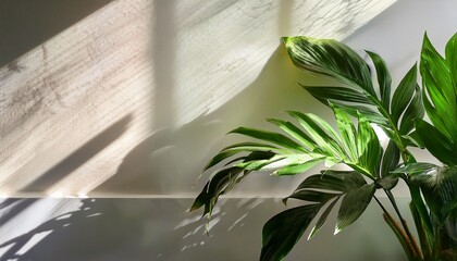 sunlight casts leafy shadows on a wall beside a vibrant green plant