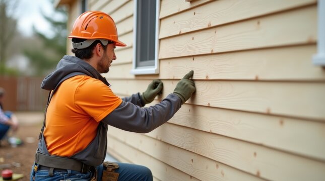 Worker installing wooden siding boards on house wall, showing construction process and craftsmanship, outdoor daylight.


