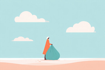 Minimalist digital art of a human figure cleaning the beach, a visual concept of environmental responsibility in flat vector design.