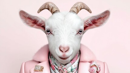 Elegant portrait of a goat dressed in haute couture fashion featuring a stylish pink blazer and floral scarf showcasing a unique blend of animal and modern high end fashion style.