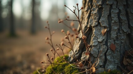 Macro view of tree bark and thin branches flexing in wind, highlighting texture, strength, and movement.

