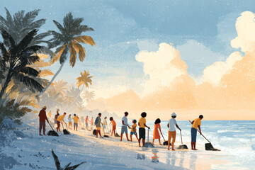 Digital vector illustration of a group collecting trash on the beach, environmental concept