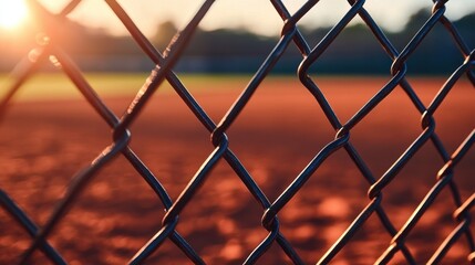 Fototapeta premium Sunset through chain-link fence at a sports field