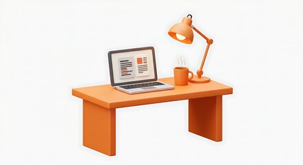 Laptop on orange desk with lamp and coffee