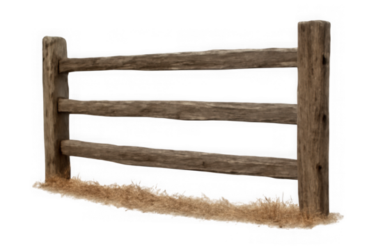 Rustic wooden split rail fence section with dry grass at the base isolated on transparent background