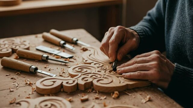 Close-up of a craftsman carving ornate patterns into wood by hand. Traditional wood carving craft with precision tools on a rustic workbench.