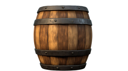 Obraz premium Classic wooden barrel with natural oak texture and metal rings used for aging and storage isolated on white background
