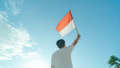 Patriotism concept. Man holds Indonesia's flag against a clear blue sky. Ideal for travel, culture, and independence themes.