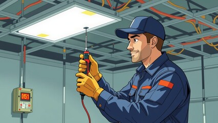 Man fixing light fixture with screwdriver, focused expression, in industrial setting. Concept of man fixing light fixture emphasizes maintenance tasks in bright, warm atmosphere.